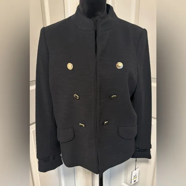 NWT DKNY Black Military Blazer Jacket Double-Breasted Gold Button Stand Collar - Image 2