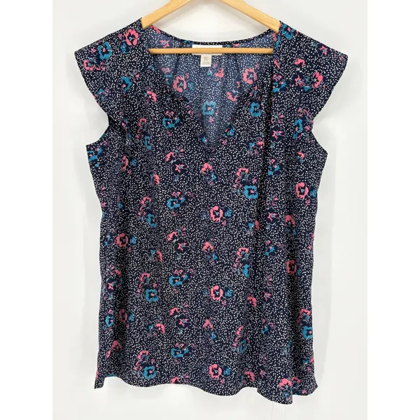 Motherhood Maternity Floral Flutter‎ Sleeve Blouse Navy Pink Dotted Top Large - Image 2