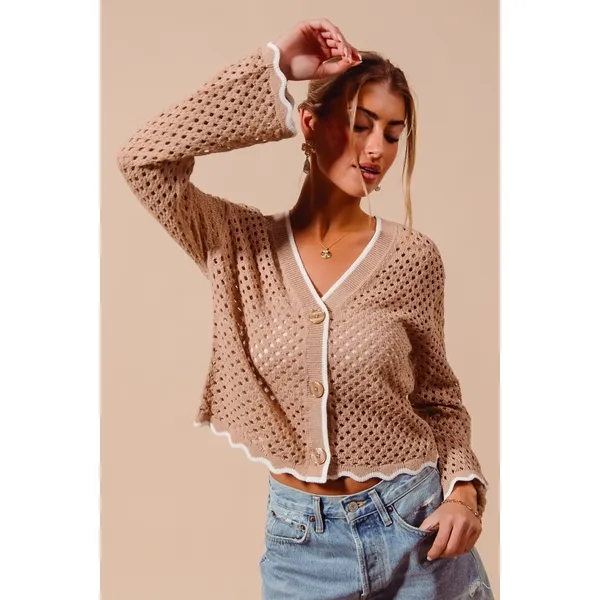 SO‎ ME Open Knit Light Weight Sweater Cardigan With Contrast Wavy Scallop Edge L - Image 10