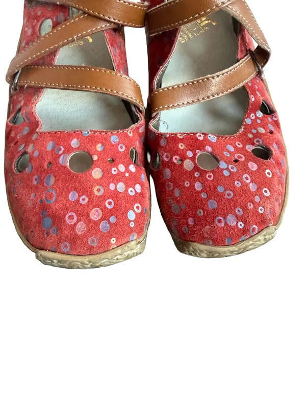 Rieker Red Polka Dot Suede Mary Jane Flats Crisscross Strap Ankle Size 7 Women's - Image 7