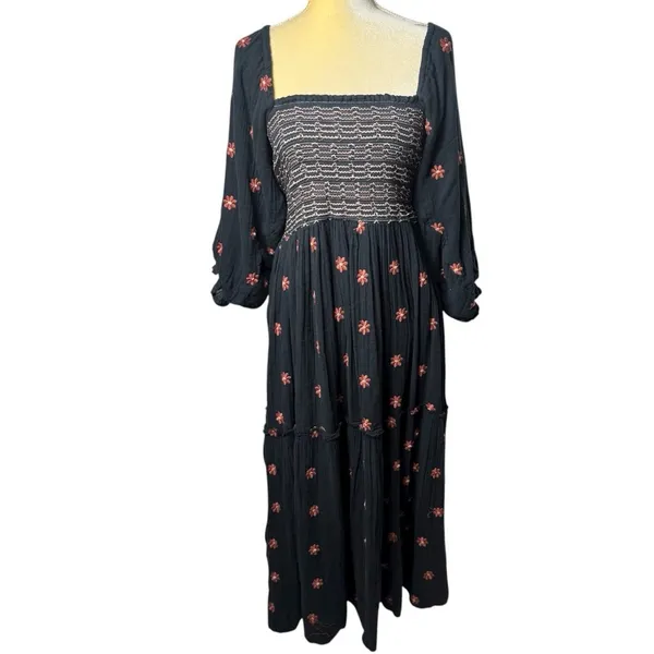 Free People Dahlia Embroidered Maxi Dress Puff‎ Sleeve Cottagecore Milk Maid M - Image 3