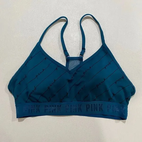 PINK Victoria’s Secret Active Bralette Blue Teal Logo Sports Bra L - Image 2