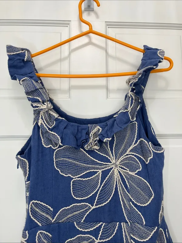 Loft Blue w/ Creme Floral Embroidered Ruffle Neckline Mini Dress - Size 10 - Image 9