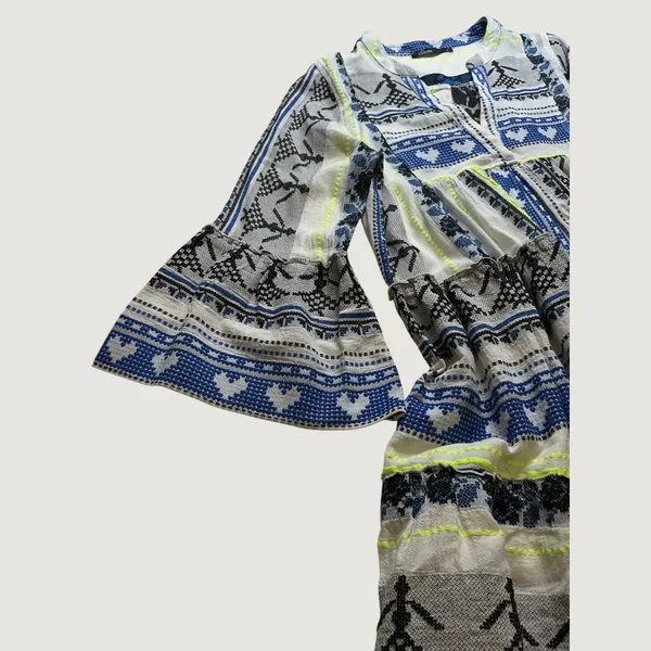 Devotion Twins Ella Dress Blue White Neon Yellow Embroidered Tiered Tunic Medium - Image 4