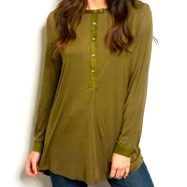 'VERY J' brand Small Olive Roll Button Sleeve Hi-Low Henley Office Blouse - Image 11