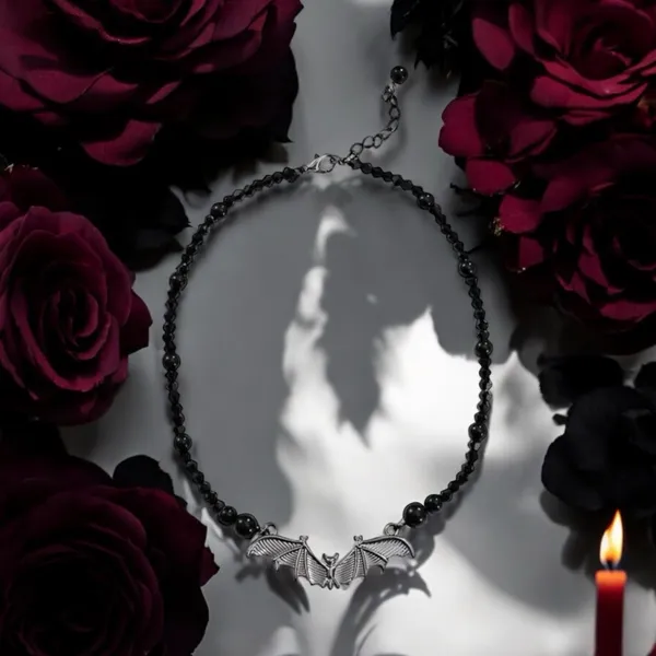 Gothic Bat Pendant Black Bead Necklace, Simple Creative Design Fashion Jewelry‎ - Image 3