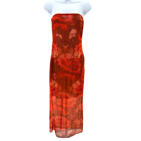 Meshki Aphrodite Strapless Mesh Dress Red Rose Floral Print Midi Bodycon Size M‎ - Image 2