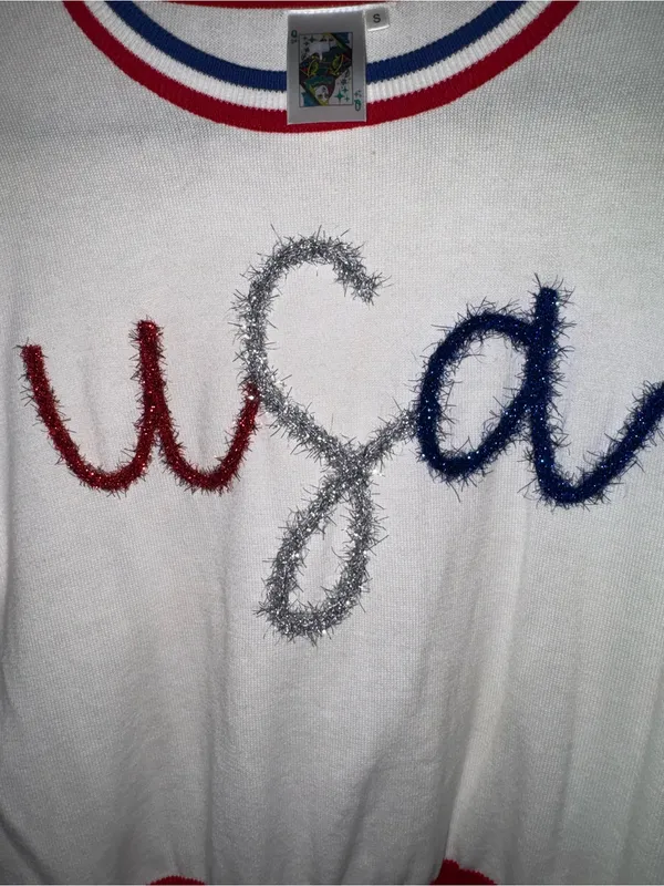 QUEEN OF SPARKLES White Short Sleeve Sweater with Red, Blue & Silver Trim - Image 3