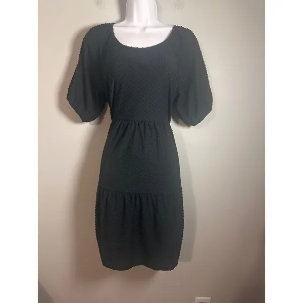 J.Crew Black Clip-Dot Tiered Mini Dress‎ Puff Sleeve Scoop Neck Small - Image 2