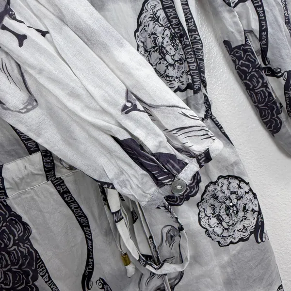 Custo Barcelona Tunic Womens Size 2 Gray Floral Bird Print Drawstring Waist Top - Image 6