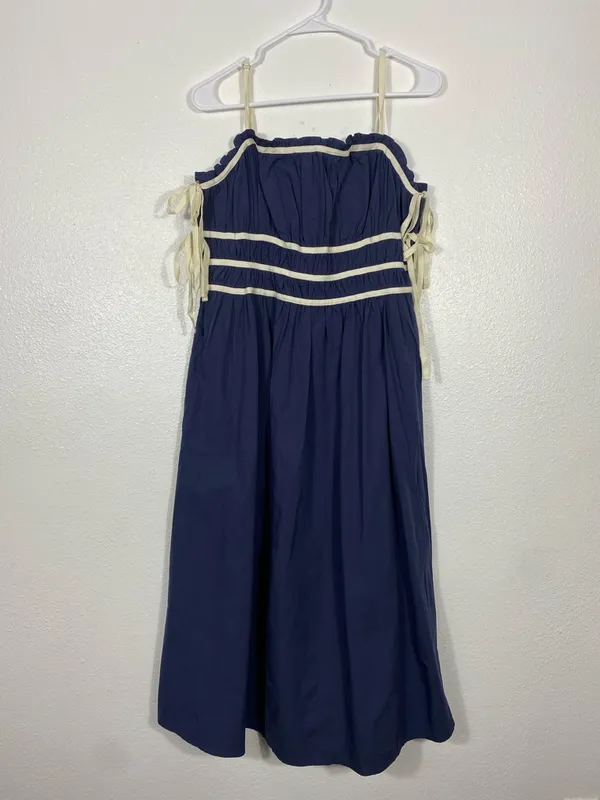 Navy Midi Dress with White Trim and Spaghetti Straps Size L 100% Cotton - Image 3