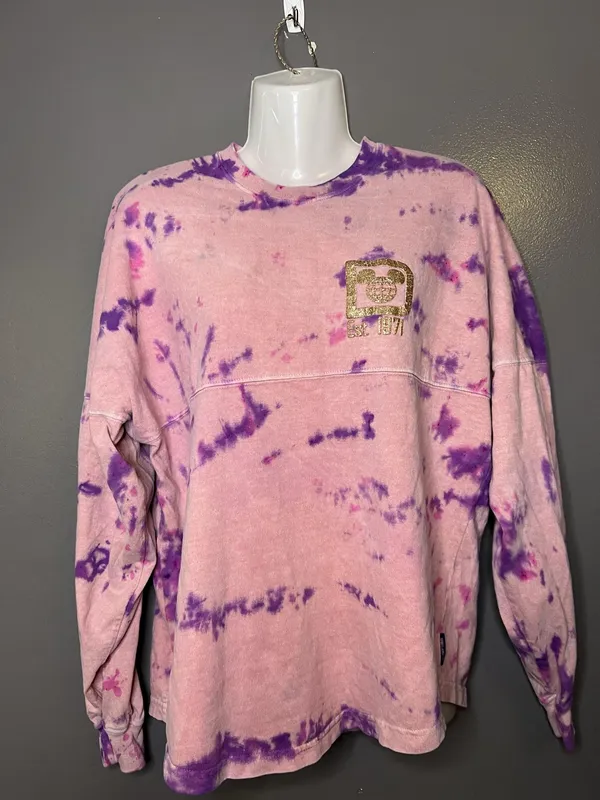 Disney Walt Disney World Spirit Jersey Sweatshirt Womens XS Pink Tie Dye Glitter - Image 3