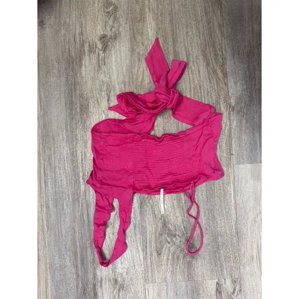 Free‎ People Mila Top Hot Pink Asymmetric One Shoulder Cutout Bow Crop Womens XS - Image 4