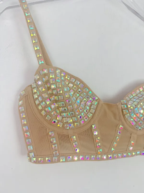 For Love & Lemons Jackpot Longline Bra Top Studded Mesh Underwire Nude Size XXS - Image 2