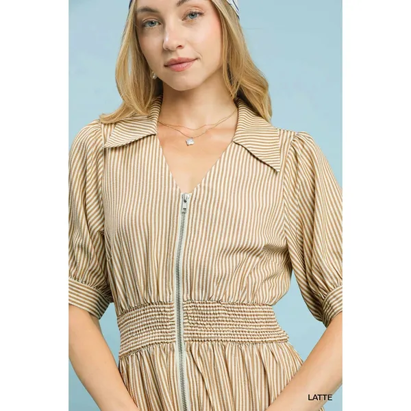 Umgee Striped Midi Dress with Front Zipper - Latte - Small - Image 6