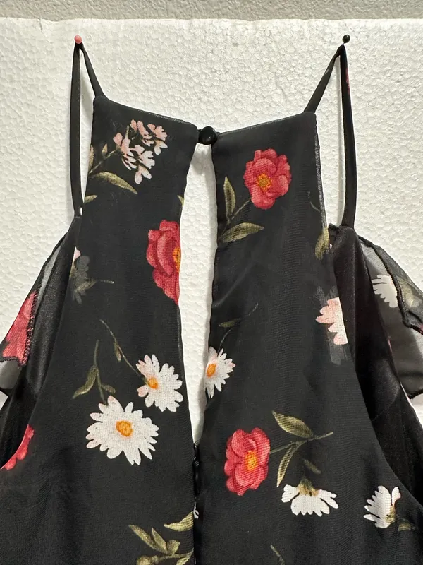 BISOU BISOU M Black Red Floral Sleeveless Maxi Dress V-Neck Ruffle Straps - Image 5