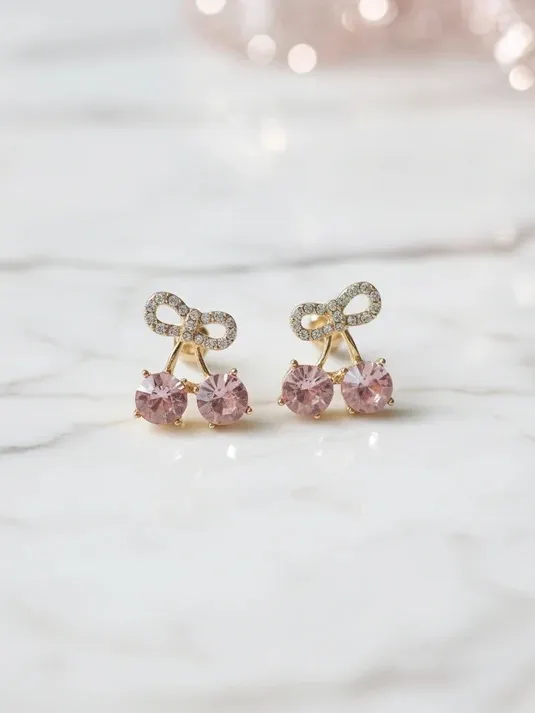 Gold-Tone Pink Crystal Cherry Drop Earrings with Rhinestone Bow Accents - Image 4