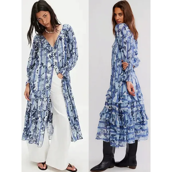 Free People Dainty Ruffle Cottage Garden Wonders Maxi Dress in Blue Combo Small - Image 2