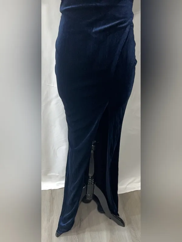Crystal Doll Navy Velvet Off The Shoulder Formal Maxi Evening Gown Dress Size 1 - Image 2