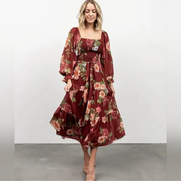 Baltic Born Maroon Floral Long Sleeve Dress with Synching and Mesh Sleeves 3XL - Image 5