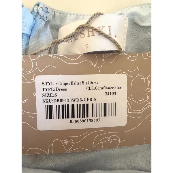 Meshki Light Blue Halter Mini Dress V-Neck Bubble Hem Cotton Blend Size S NEW - Image 5
