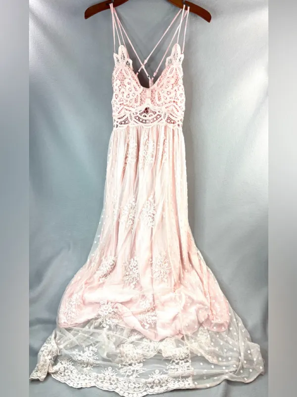 Main Strip M Balletcore Romance Blush Pink Lace Maxi Dress with Strappy Back - Image 10