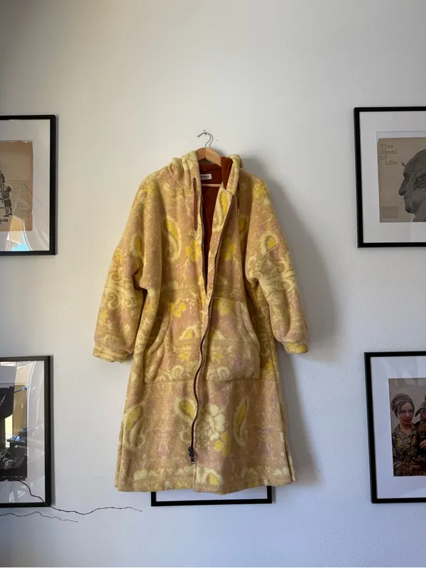Free People Hooded Sherpa Jacket in Rust and Cream with Yellow Accents - Image 4