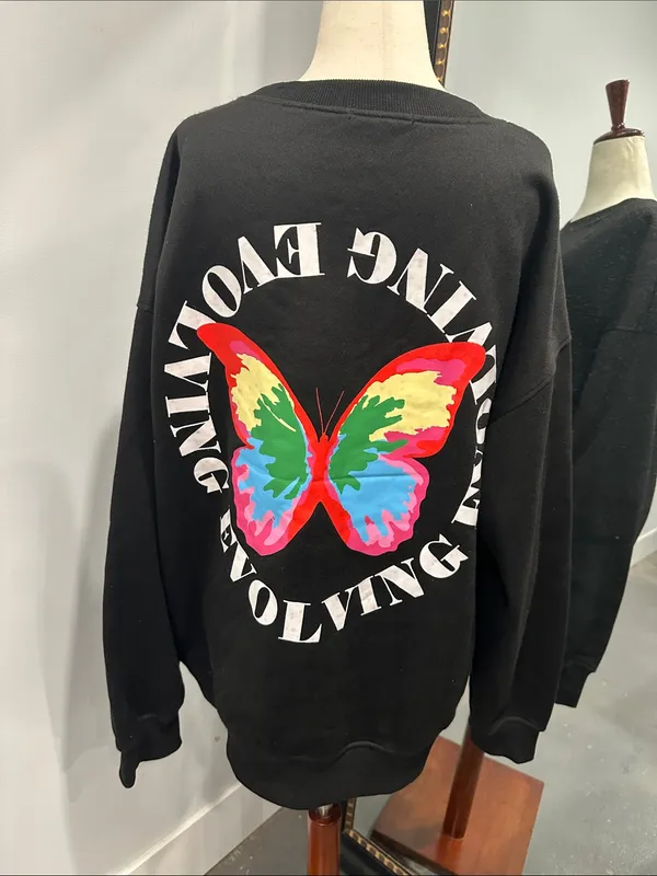 Black Graphic Crewneck Sweater with Butterfly Graphic - Image 3