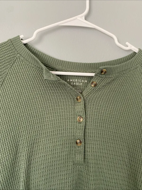 American Eagle Outfitters Olive Green Waffle Henley Long Sleeve Top - Image 3