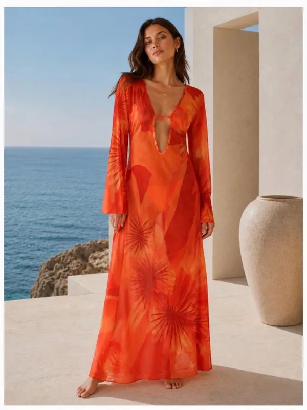 Caroline Constas Tropical Semi Sheer Mesh Maxi Cover Up Dress - Image 2