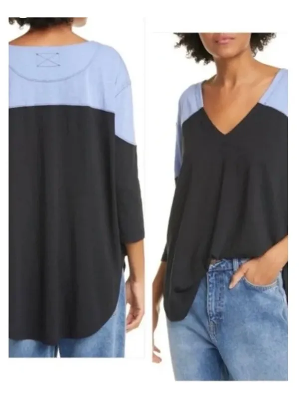 We The Free People Size S Womens Two Tone V Neck Oversized Baseball Tee Top Boho - Image 3