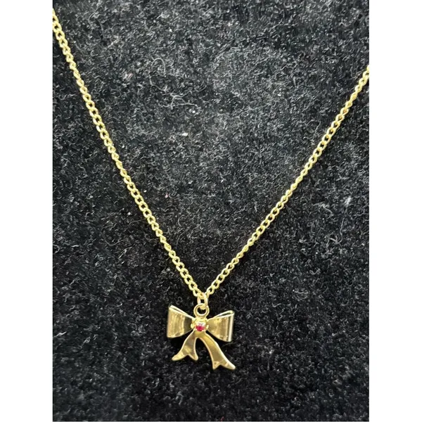 Gold Bow Pendant Necklace with Red Accent - Image 2