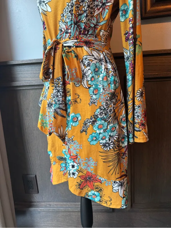 Club L London Mustard Floral Tie-Waist Long Sleeve Dress 14 EUC - Image 3