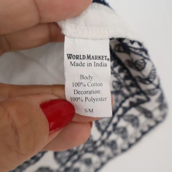World Market White Navy Blue Embroidered Cotton Peasant Blouse Peplum Top S/M - Image 4