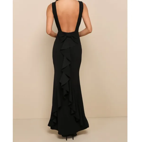 NEW Lulus Exquisite Refinement Black Backless Bow Ruffled Maxi Dress Small - Image 2