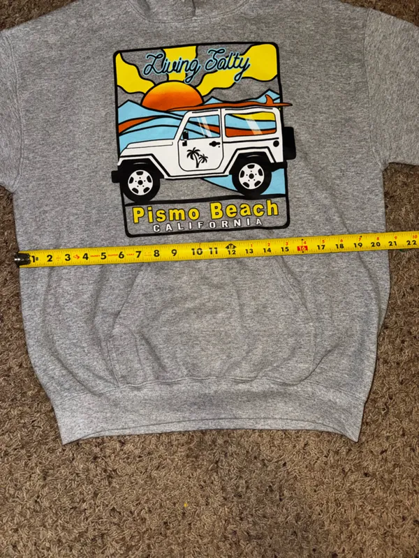 Pismo Beach 'Living Salty' Graphic Hoodie - Gray with Yellow & Blue size Medium - Image 6