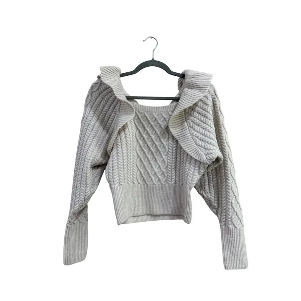 HM Cable Knit Ruffle Collar Sweater Wool Blend Cream Square Neck Small - Image 2