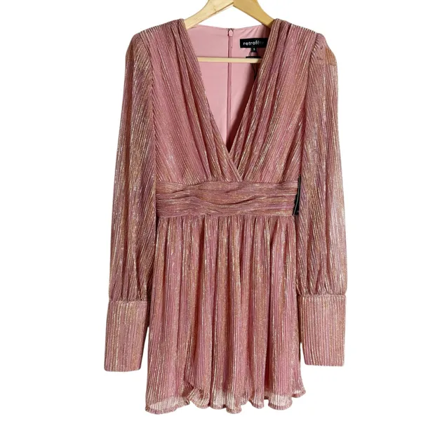 Retrofete Dani Pink Gold Lurex Long Sleeve V-Neck Mini Dress Size Small - Image 5