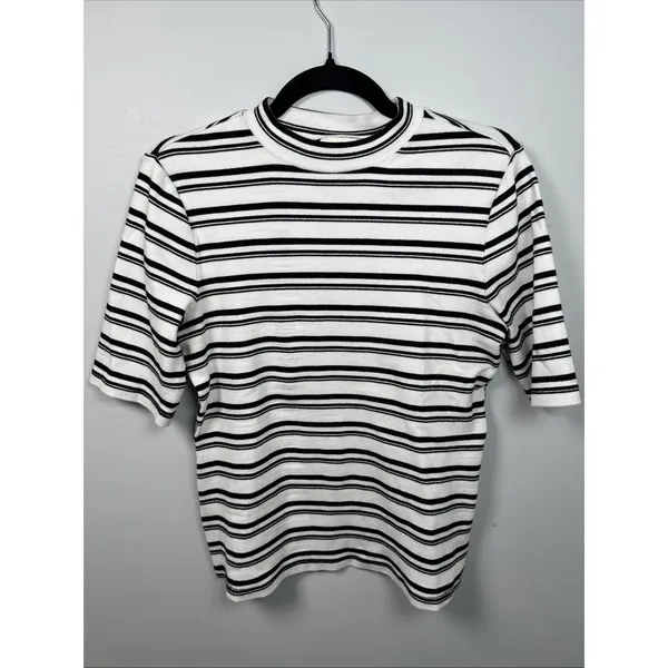 Maeve‎ Anthropologie Medium Womens Top Stretch Black White Short Sleeve Striped - Image 2