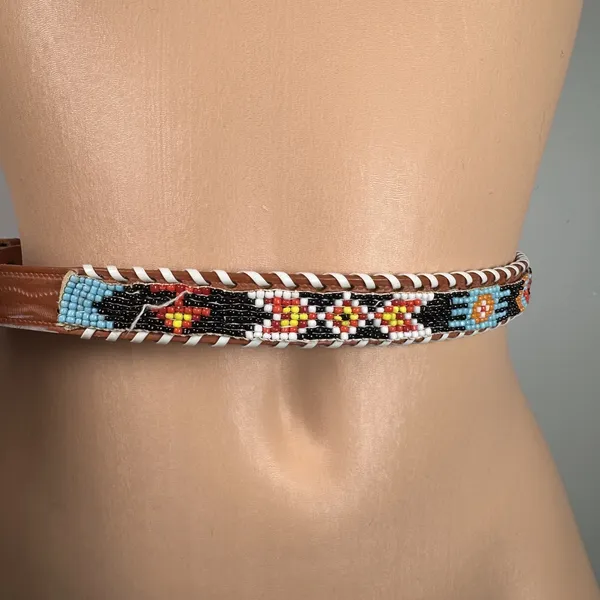 Womans Indian Hand Beaded Leather Belt Adjustable Bird Colorful - Image 6