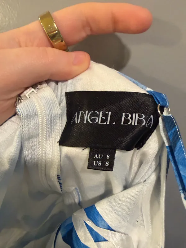 Angel Biba Bow Detail Ruched Bodice Bubble Hem Floral Print Mini Dress White and Blue - Image 6