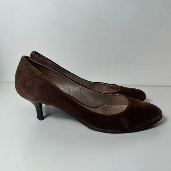 Salvatore Ferragamo Brown Suede Slip On Round Toe Kitten Heel Pumps Shoes - Image 8