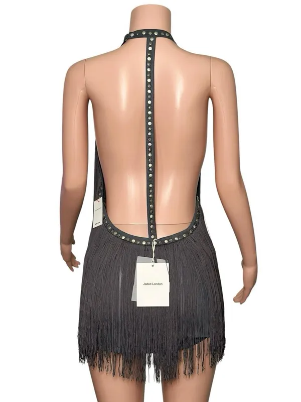 JADED LONDON Vadra Backless Fringe Mini Dress, Charcoal Grey, 4(US) - Image 9