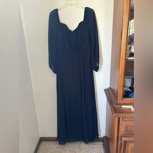 Dessy Collection Vivian Diamond Navy Maxi Dress Off Shoulder Puff Sleeve 14 - Image 5