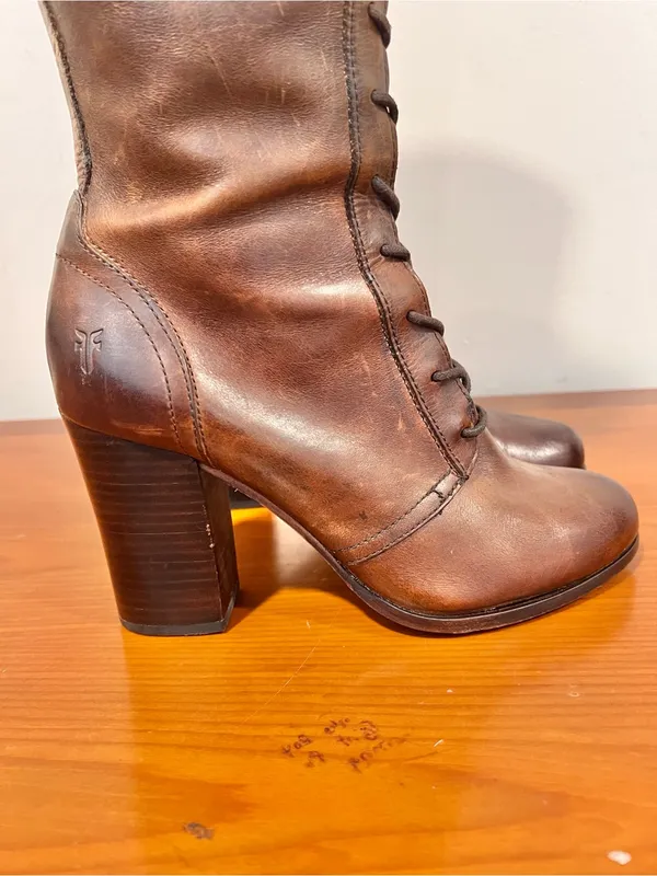 Frye Parker Lace Up Victorian Brown Real Leather Tall Knee High HeelBoots Sz 9.5 - Image 6
