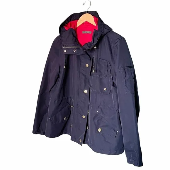 LRL Lauren Ralph Lauren Jacket Medium Navy Red Hooded Lined Nautical Windbreaker - Image 4