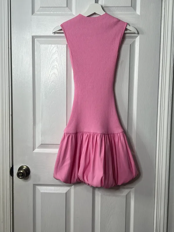ZARA Pink Bubble Hem Mini Dress M Ribbed Open Back Drop Waist Girly Coquette Y2K - Image 2