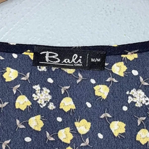 Bali Peasant Top Size M Navy Yellow Ditzy Floral Flowy Romantic Boho Prairie - Image 6
