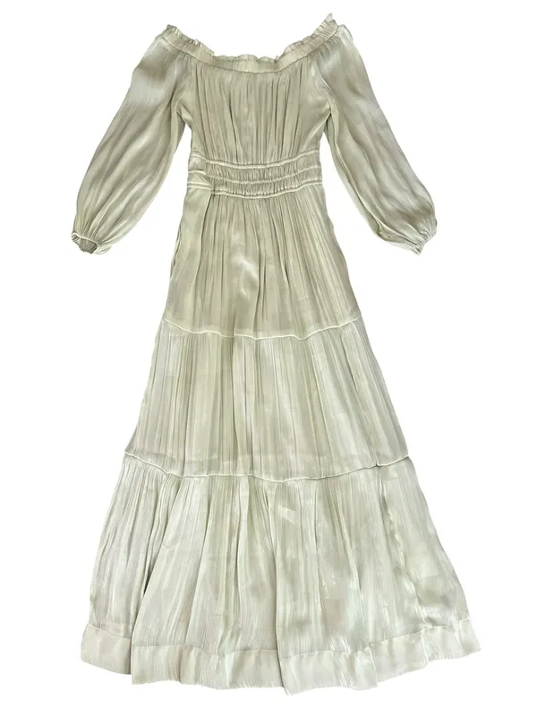Anthropologie Somerset Women’s Off-Shoulder Shimmer Green Maxi Dress Size XXS - Image 14