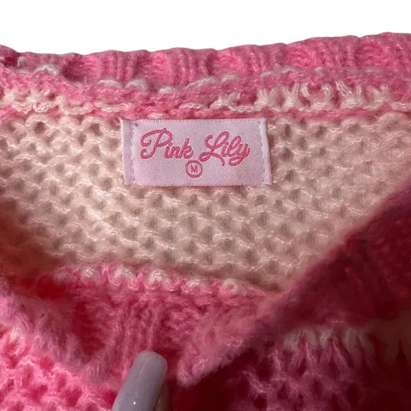 Pink Lily Pink Peach Striped Oversized Sweater Medium Balloon Sleeve Preppy - Image 8